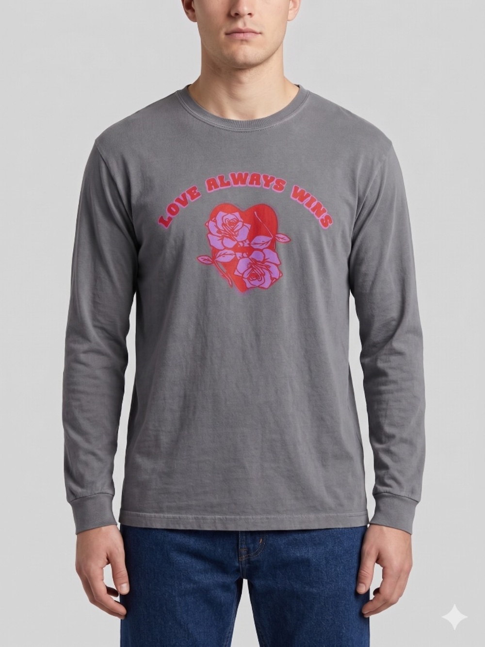 XAVIERSWRATH Love Always Wins Graphic Long Sleeve T-Shirt Gray Mens Size M Tee